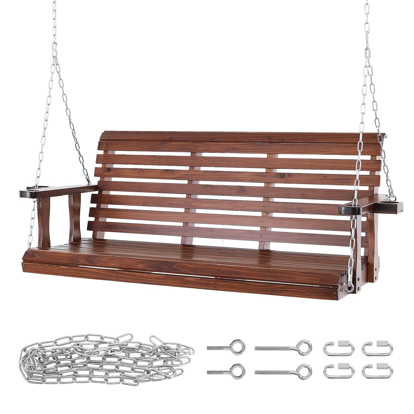 KFFKFF Outdoor Swing Bench 5.5 ft, Garden and Patio Wooden Swing, Enhanced 880 lbs Capacity, Durable Hanging Chair with Chains for Outside Use, Brown