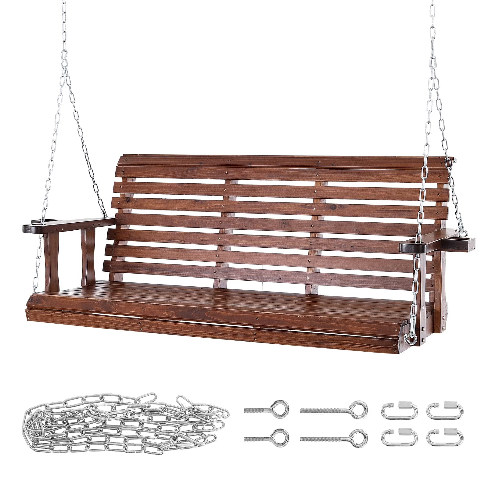 KFFKFF Outdoor Swing Bench 5.5 ft, Garden and Patio Wooden Swing, Enhanced 880 lbs Capacity, Durable Hanging Chair with Chains for Outside Use, Brown