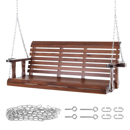 KFFKFF Outdoor Swing Bench 5.5 ft, Garden and Patio Wooden Swing, Enhanced 880 lbs Capacity, Durable Hanging Chair with Chains for Outside Use, Brown