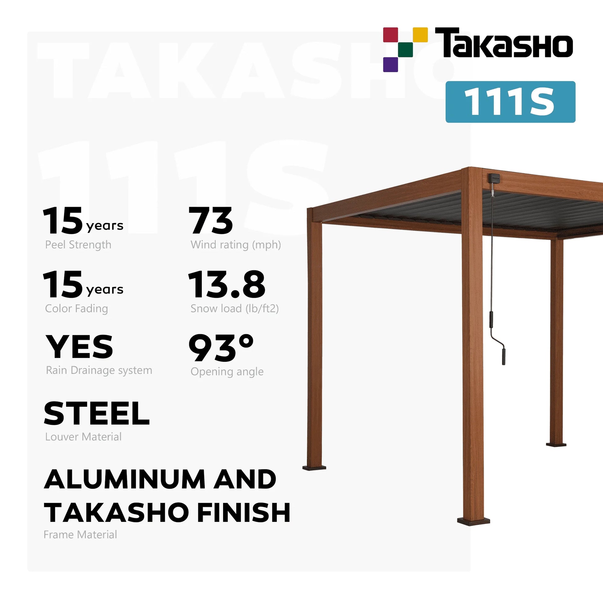 Mirador 10'x 10' 111S Outdoor Aluminum Pergola w/Adjustable Rainproof Louver for Garden, Patio, Backyard, Takasho/Wood Grain