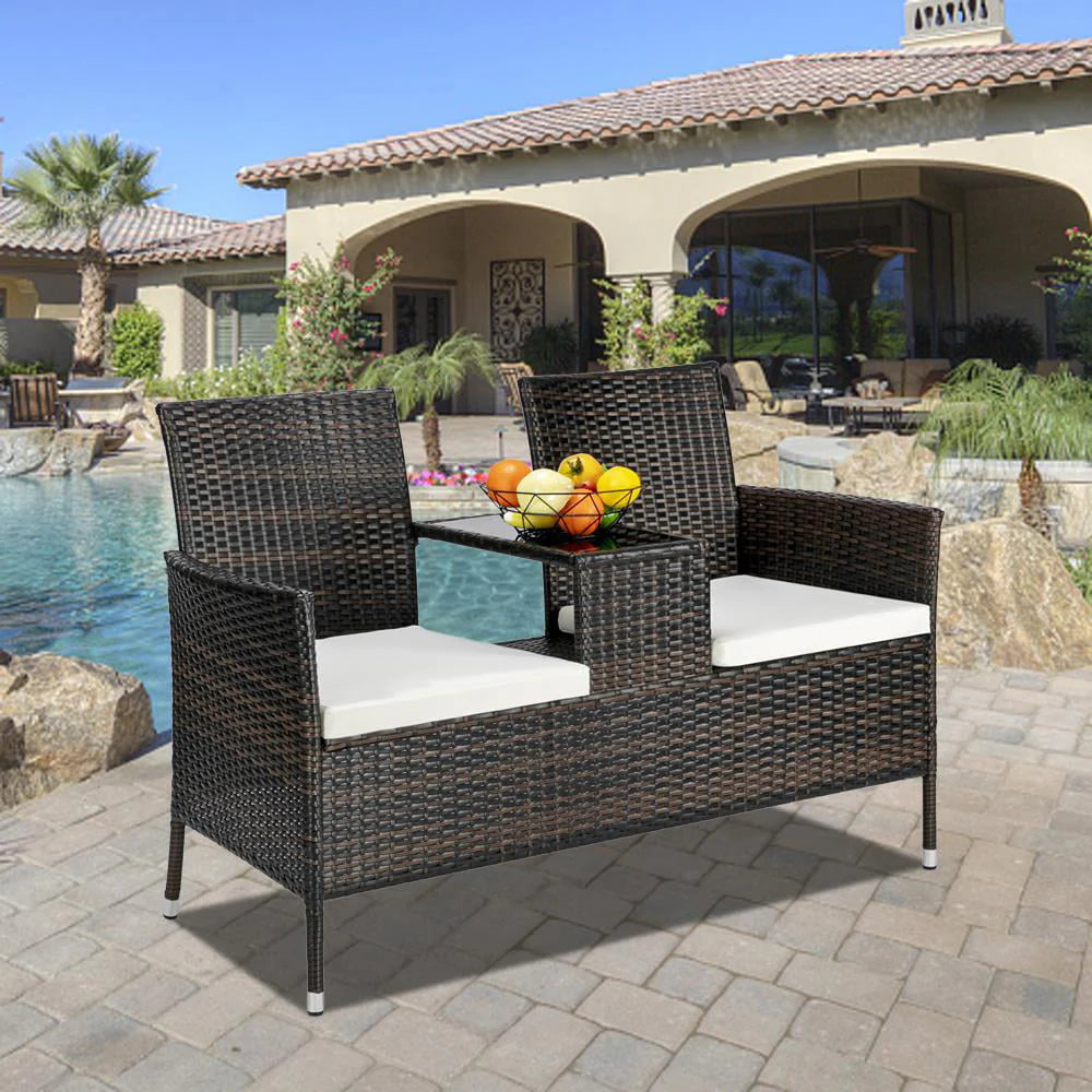 UBesGoo Patio Rattan Loveseat Table Chairs Chat Set with Waterproof Cushion, Outdoor Furniture, Wicker Conversation Set