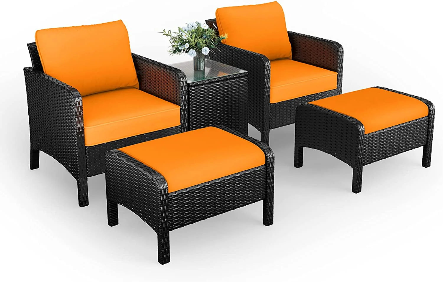 GARTIO 5 Pieces Patio Conversation Furniture Set, Outdoor PE Wicker Rattan Chairs with Ottomans and Side Table