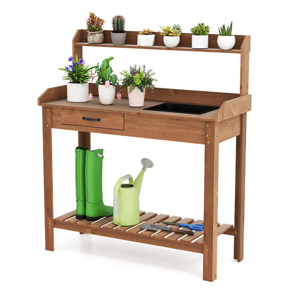 Topcobe Outdoor Wooden Garden Table Work Station with Storage Shelves and Drawer for Patio Backyard Garden-Coffee