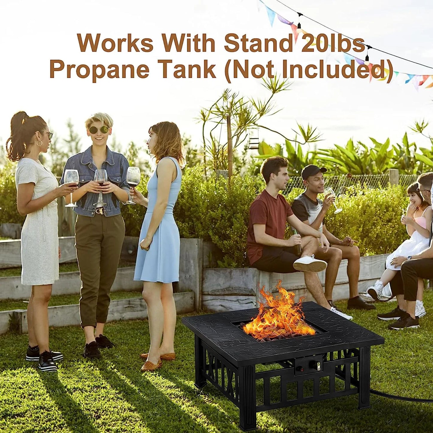 VECELO 30" Square Propane Fire Pit Table, 50,000 BTU Gas Fire Square Fireplace with Lid and Lava Rock for Outdoor, Patio, Backyard, Party, Black