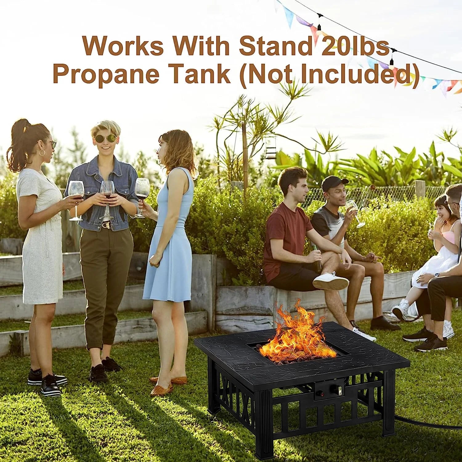 VECELO 30" Square Propane Fire Pit Table, 50,000 BTU Gas Fire Square Fireplace with Lid and Lava Rock for Outdoor, Patio, Backyard, Party, Black