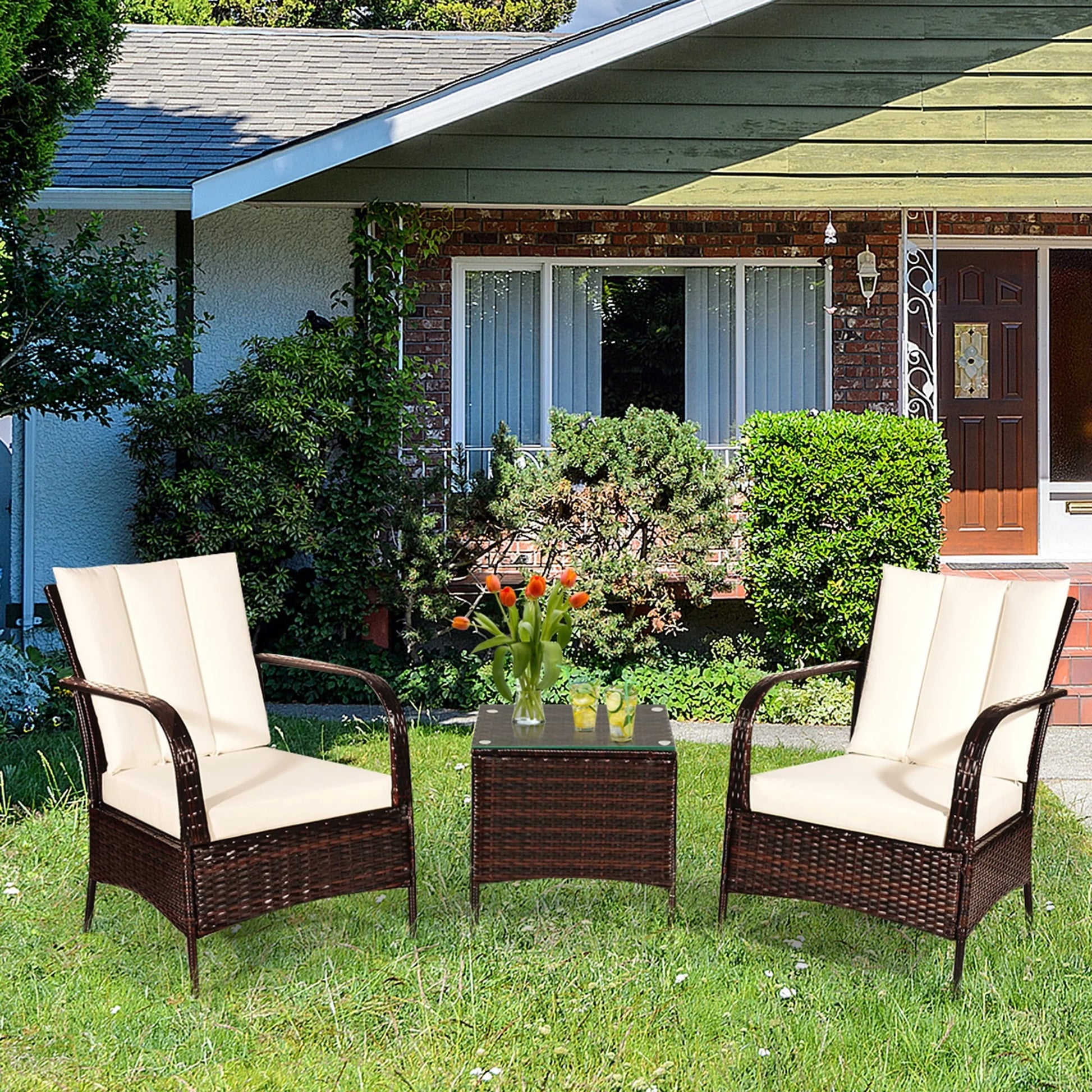 Gymax 3PCS Patio Outdoor Rattan Conversation Set Furniture Set w/Table Cushions