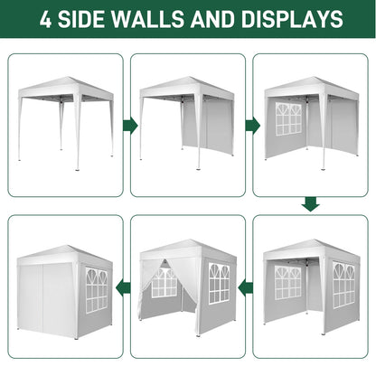 Outdoor Canopy Tent Pop Up with 4 Sidewalls 6.5x6.5 ft, Patio Portable Canopies Shelter Heavy Duty Straight Legs with Roller Bag, 8 Stakes, 4 Ropes, White
