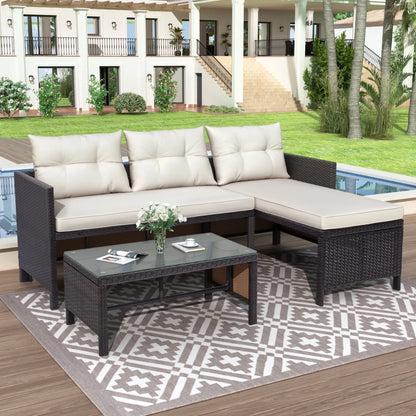 3 PCS Patio Sectional Sofa Conversation Set, All Weather Rattan Patio Furniture Set, Brown Outdoor Chaise Lounge Set with Cushion and Table, Deck Backyard Porch Furniture