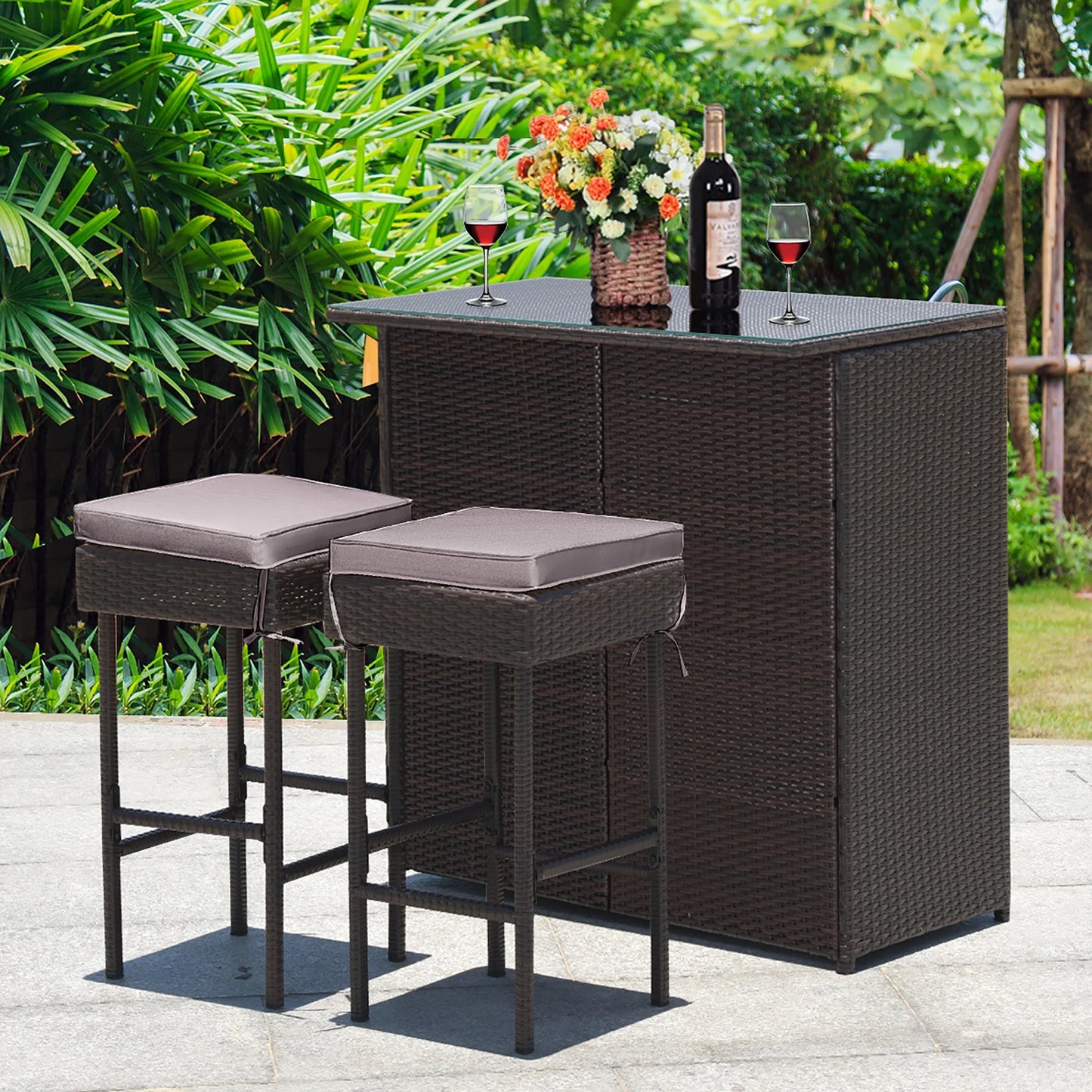 Costway Patio 3PCS Rattan Bar Table Stool Set Cushioned Chairs with Gray & Off white Cover