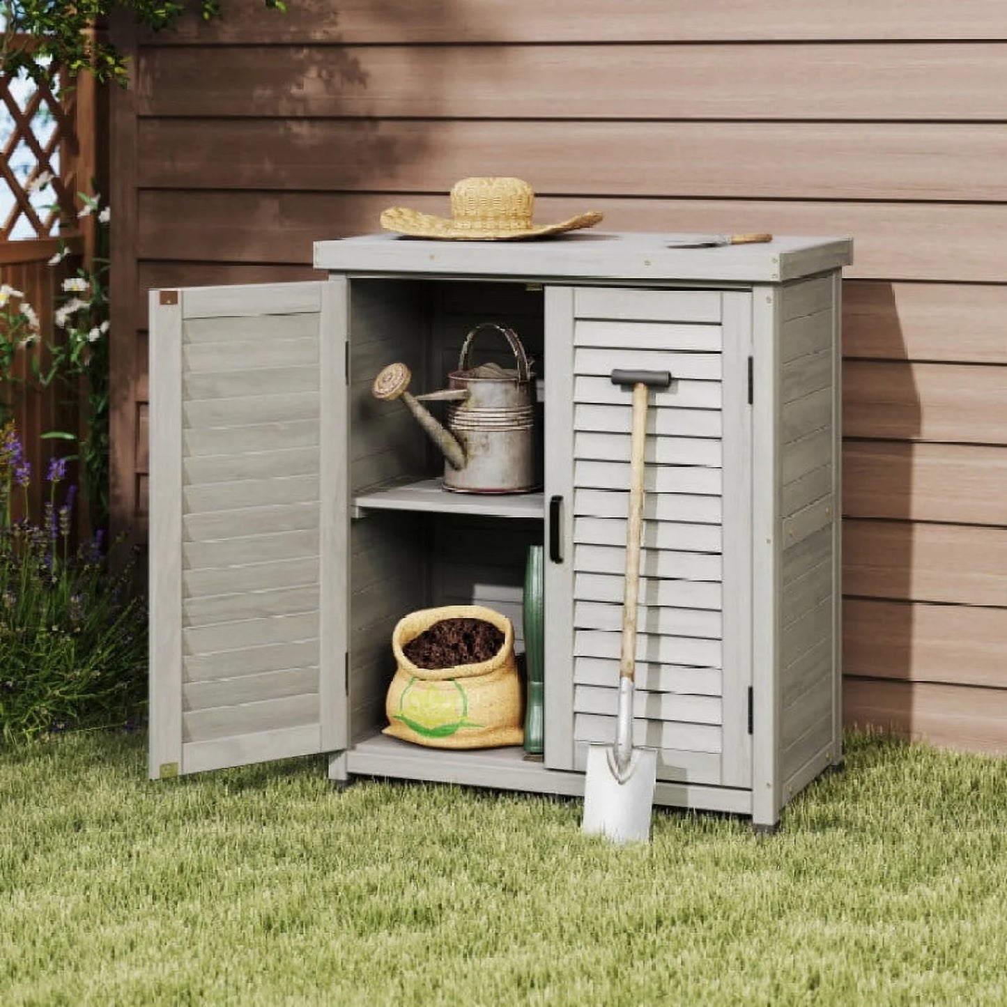 Potting Bench with Storage Cabinet and Metal Table Top for Outdoor Patio, Garden Furniture Wood Workstation Grey 31.5x17x36''