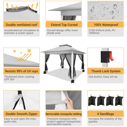 SANOPY 12x12FT Patio Gazebo Outdoor Pop up Gazebo with Mosquito Net& Four Sandbags Outdoor Party Instant Shelter Portable Folding Gazebo Waterproof and UV Protection Gazebo Tent for Backyard