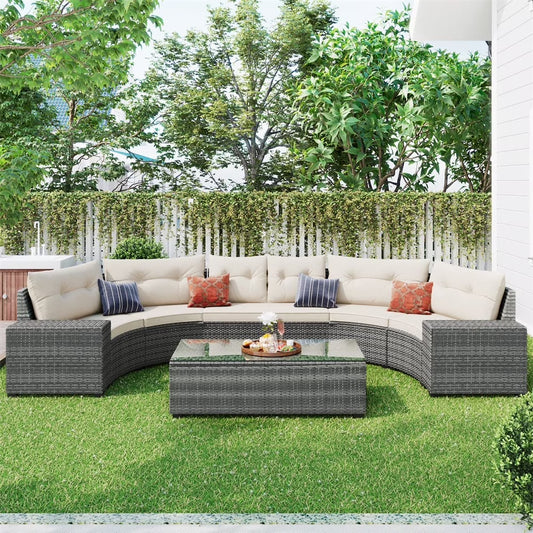 8 Pieces Outdoor Wicker Round Furniture Set, All Weather Half-Moon Sectional Patio Sofa Sets with Rectangular Coffee Table, Beige
