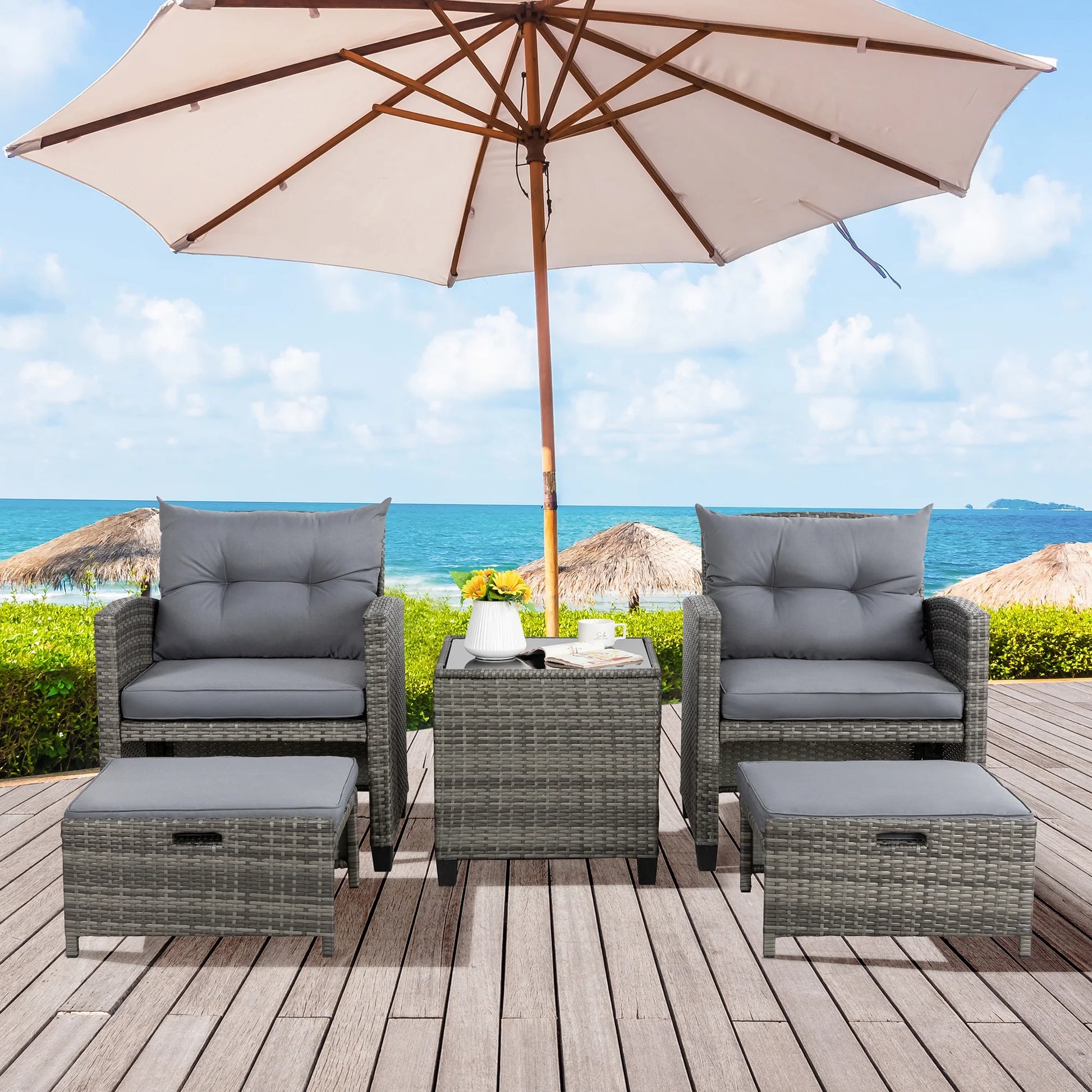 Sobaniilo 5 Piece Patio Furniture Set,Outdoor PE Wicker Patio Chair Two with Ottoman Underneath, Wicker Lounge Chair with Side Table, Beige