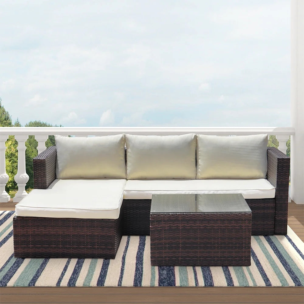 Abble 3pcs Patio Furniture Set Outddor Wicker Sectional Set Conversation Sofa Set with Cushions-Gray