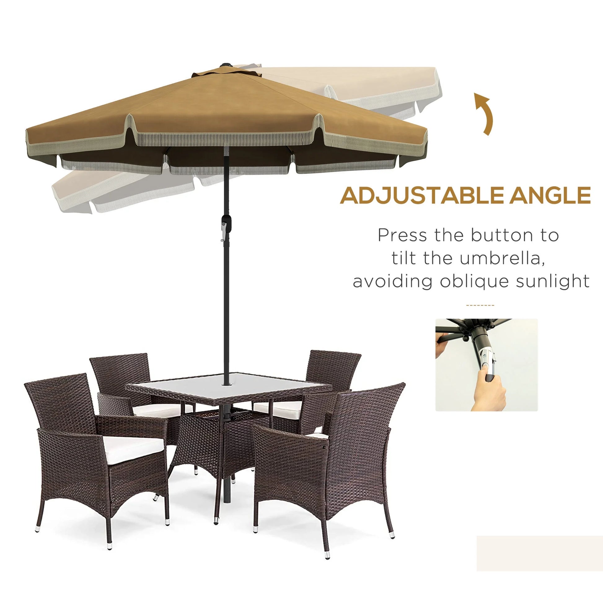 DUOSONG Outsunny 9Ft Patio Umbrella With Push Button Tilt And Crank, Ruffled Outdoor Market Table Umbrella With Tassles And 8 Ribs, For Garden, Deck, Pool, Tan Tan Polyester Garden & Outdoor Canopies