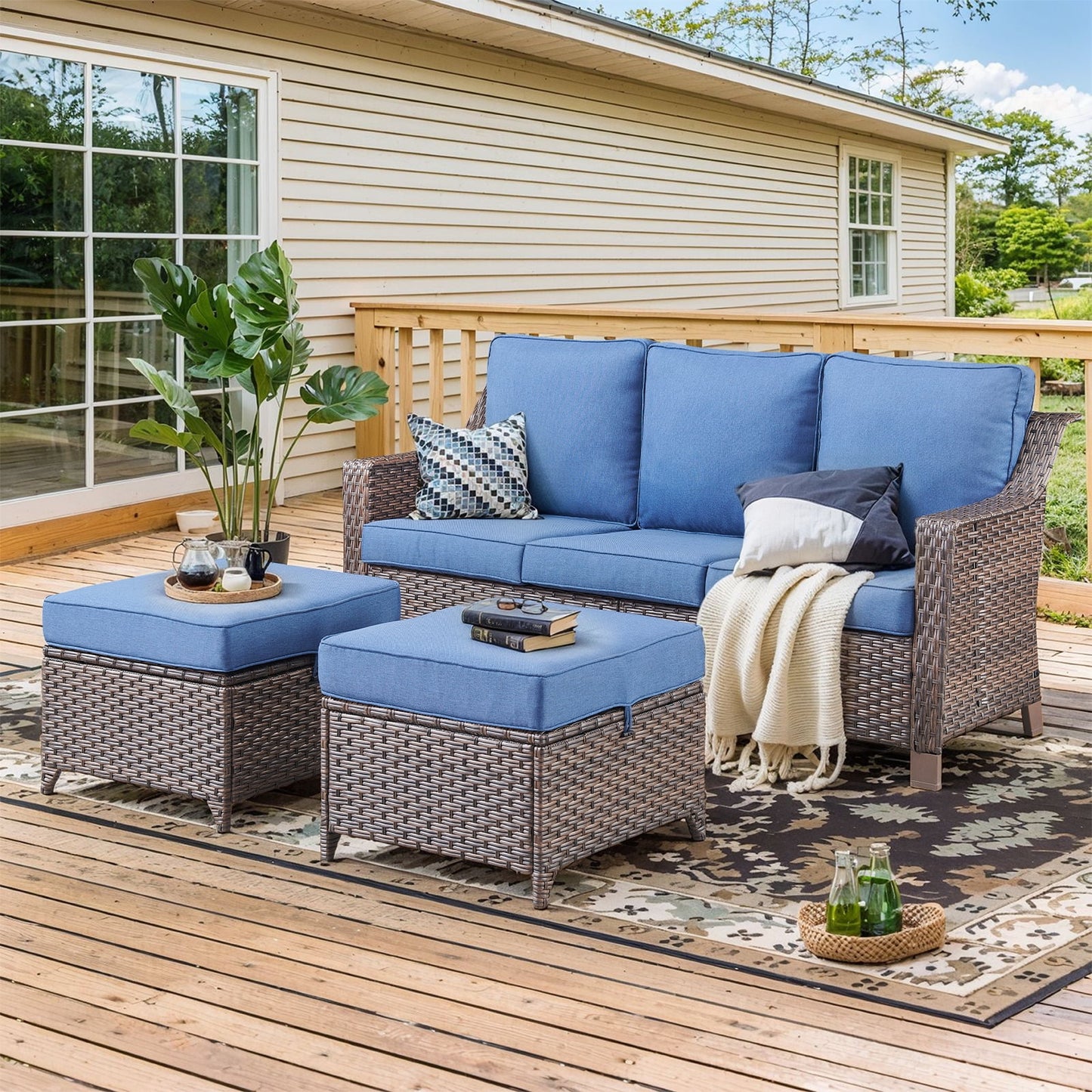 Gymojoy 6-Piece Patio Furniture Set, Oversized Outdoor Wicker Sofa with Swivel Chairs and Coffee Table, Sectional Rattan Outdoor Conversation Set for Poolside Backyard Deck, Blue