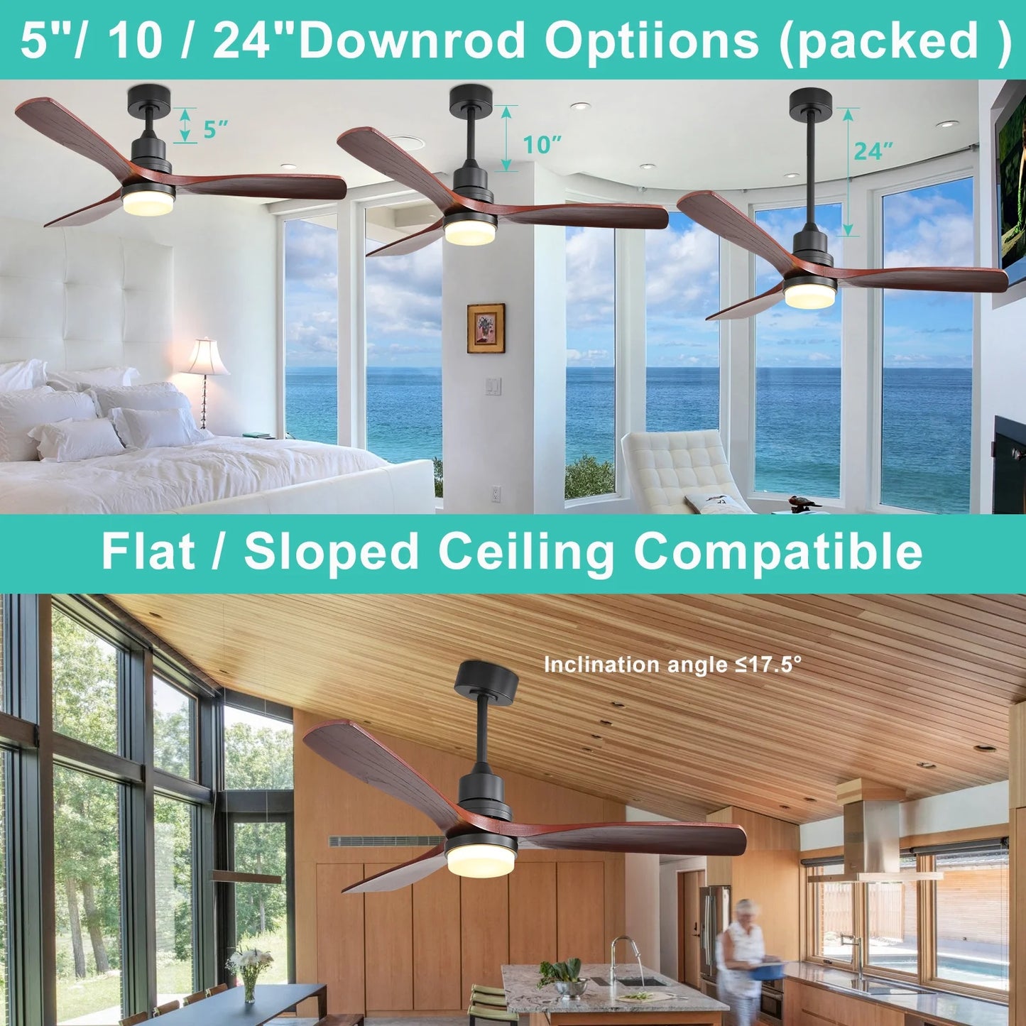 Sofucor 52" Ceiling Fans with Light and Remote Control, 3 Blades and Reverse Airflow,for Living Room,Patio,Black with Walnut Blades