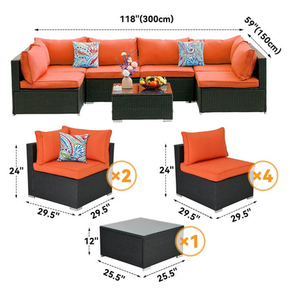 Olmia 7 Piece Patio Furniture sets PE Rattan Wicker Sectional Sofa Set, with Tea Table and Washable Couch Cushions, for Garden Poolside& Patio, Black+Orange