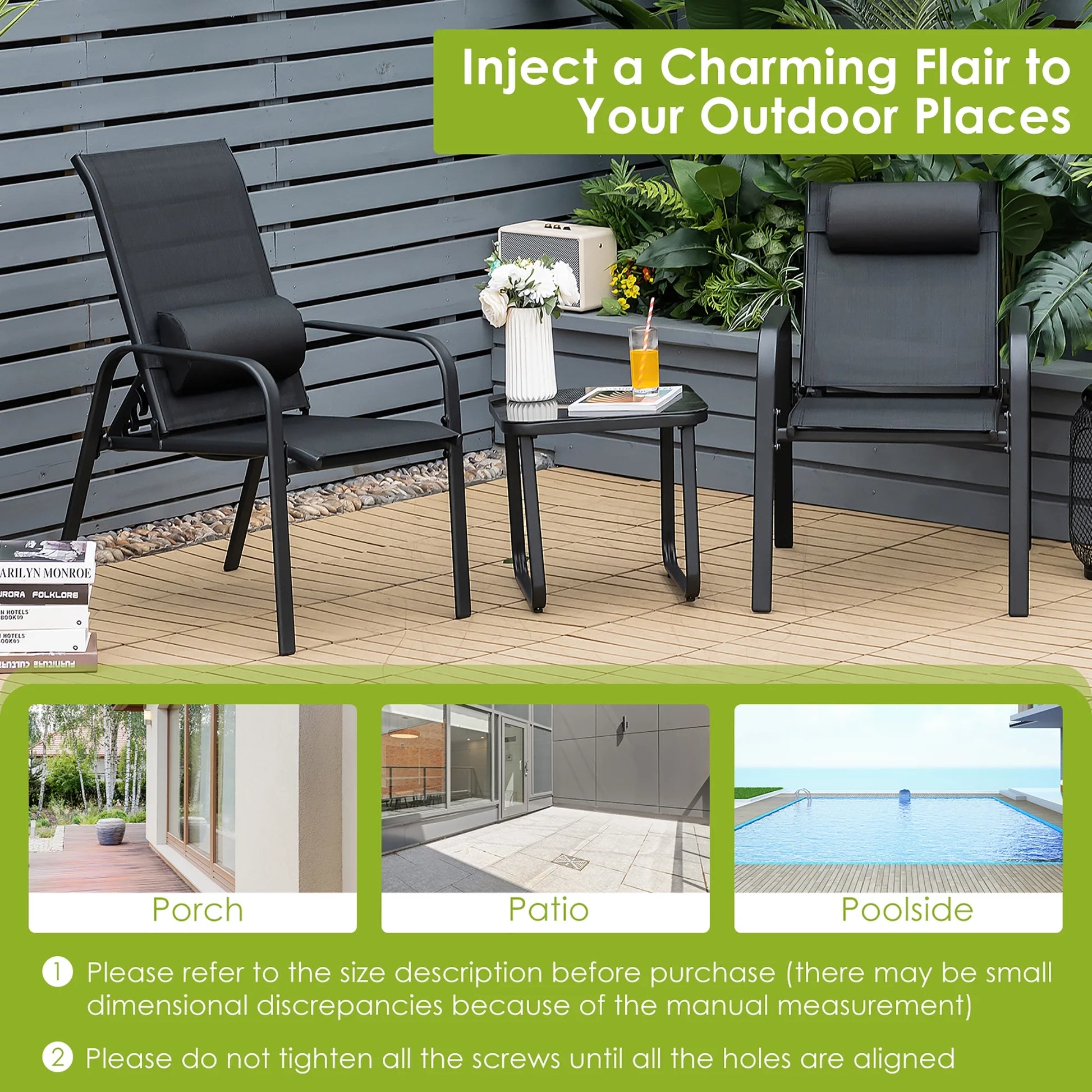 Costway 3PCS Patio Bistro Furniture Set Adjustable Back Stackable Chairs Black