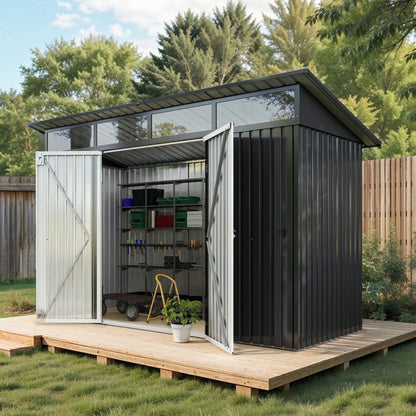 ModFusion 9x4 ft Outdoor Metal Storage Shed with Lockable Double Doors, Acrylic Glass Windows, Steel Roof, Garden Patio Bikes, Skylight, Dark Gray