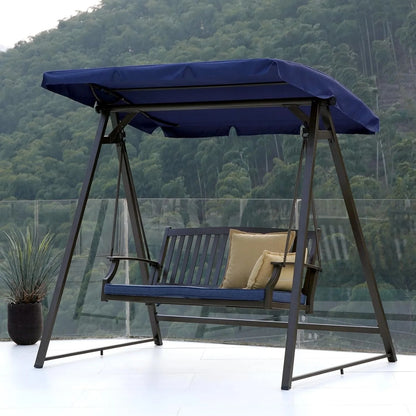 Grand Patio Porch Swing, Outdoor 2-Seat Patio Swing Chair, Adjustable Tilt Canopy, with Removable Cushion, Weather Resistant Powder Coated Painted Woodgrain Frame, Farmhouse Style-Dark Blue