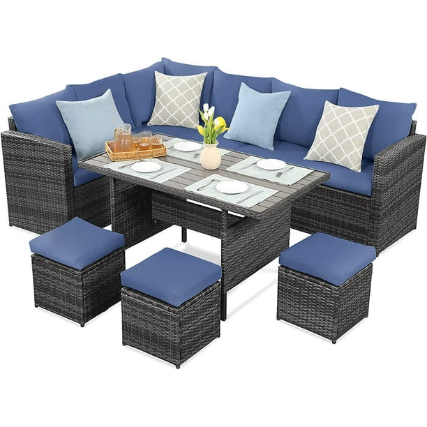 CozyHom 7 Pcs Outdoor Patio PE Wicker Sectional Dining Sofa Furniture Set, Rattan Sectional Conversation Furniture Set With Dining Table, Beige