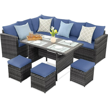 CozyHom 7 Pcs Outdoor Patio PE Wicker Sectional Dining Sofa Furniture Set, Rattan Sectional Conversation Furniture Set With Dining Table, Beige