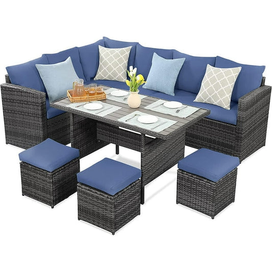 CozyHom 7 Pcs Outdoor Patio PE Wicker Sectional Dining Sofa Furniture Set, Rattan Sectional Conversation Furniture Set With Dining Table, Beige
