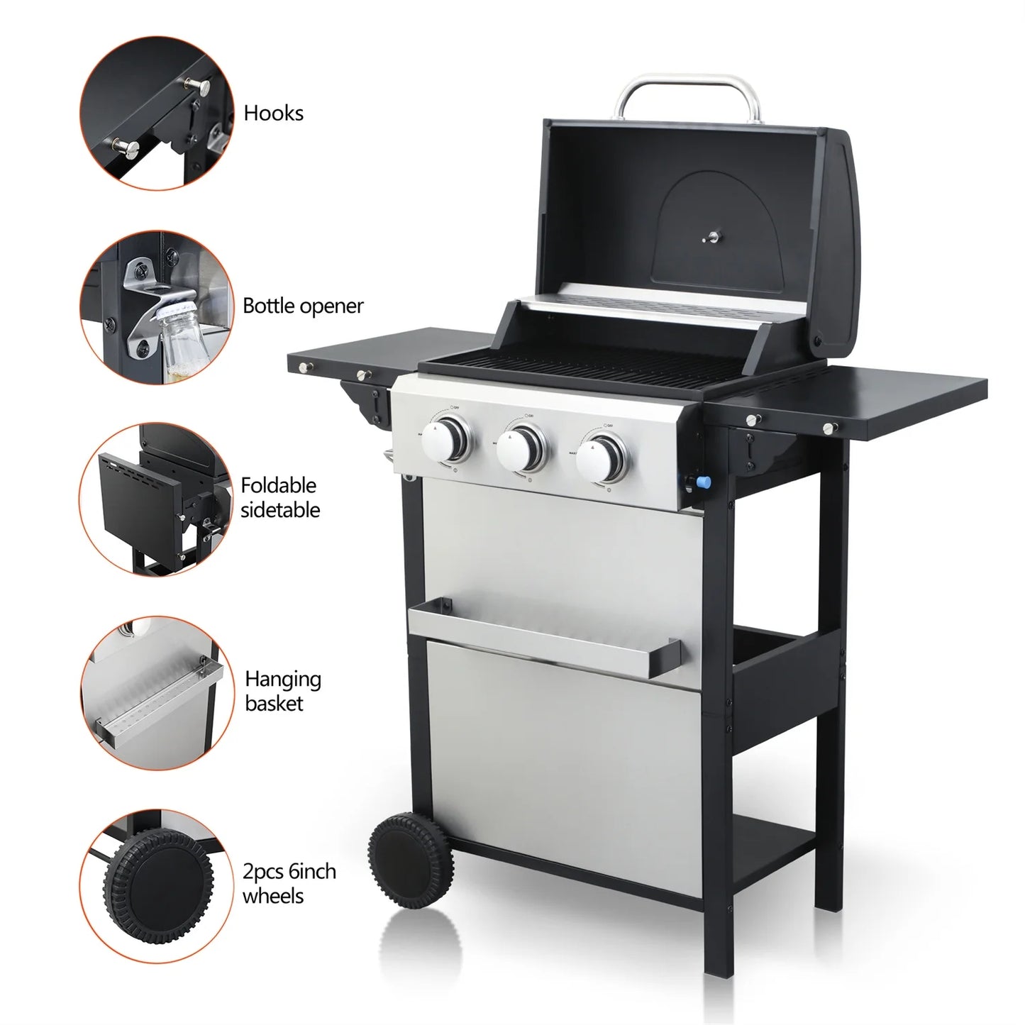 HighSound 3 Burner BBQ Propane Gas Grill, Stainless Steel 25650 BTU Patio Garden Barbecue Grill with Wire Enamel Cooking Grids & Foldable Shelves, Black