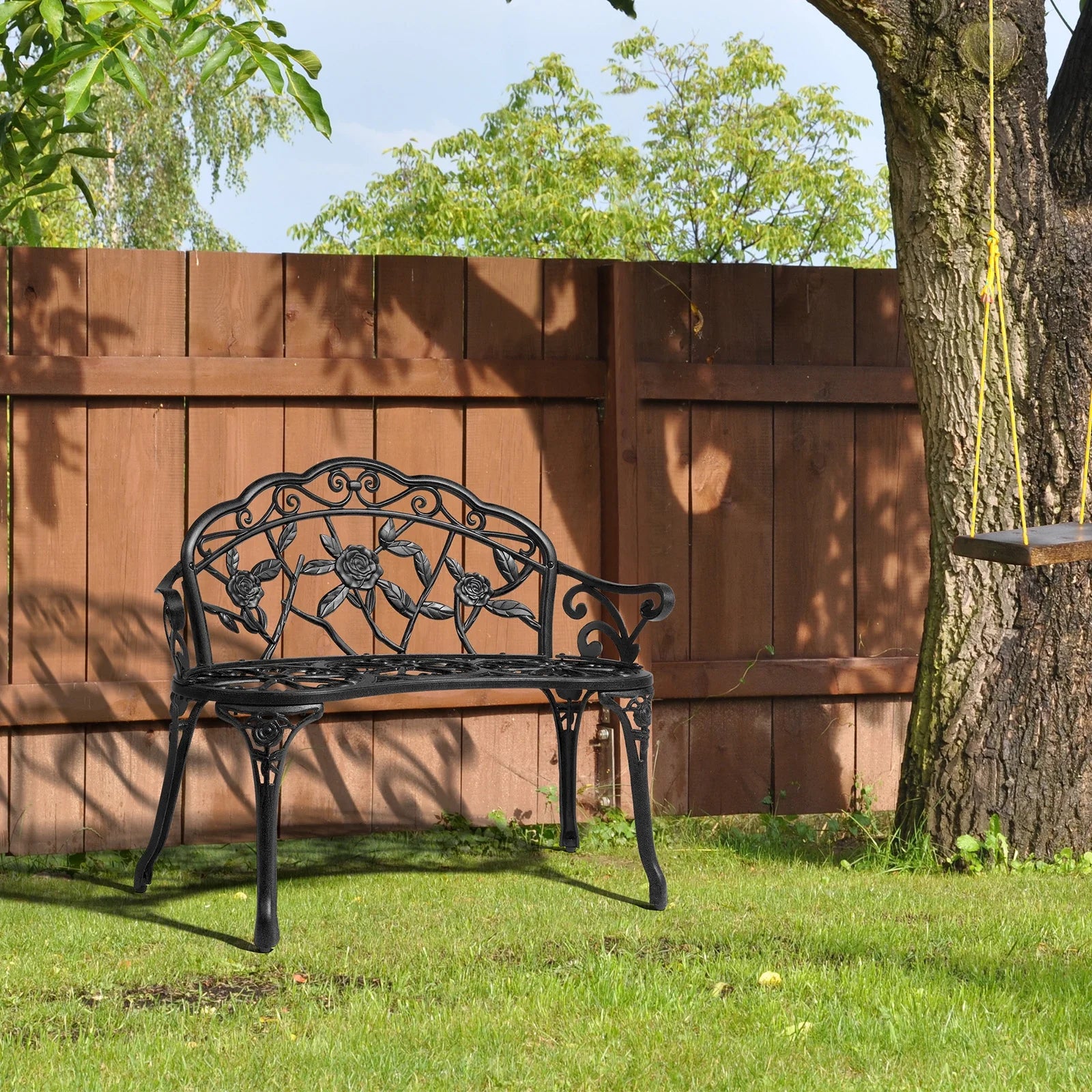 Zimtown Courtyard Park Outdoor Patio Bench Leisure Rose Cast Aluminum Chair, Metal Loveseat Bench for Garden Patio, Porch, Deck, Bronze