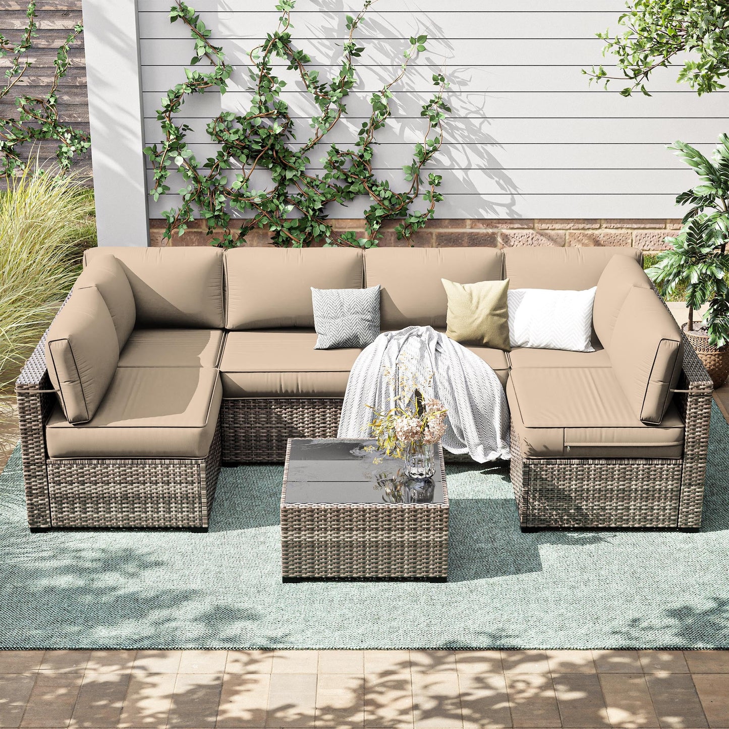 Snubbull 6-Seat Sectional Outdoor Patio Replacement Cushions Set, 25.5" x 25.5", 5" Foam High-Density, 14-Piece Water-Resistant Outdoor Cushion for Patio Conversation Sets, Liner& Cover, Sand