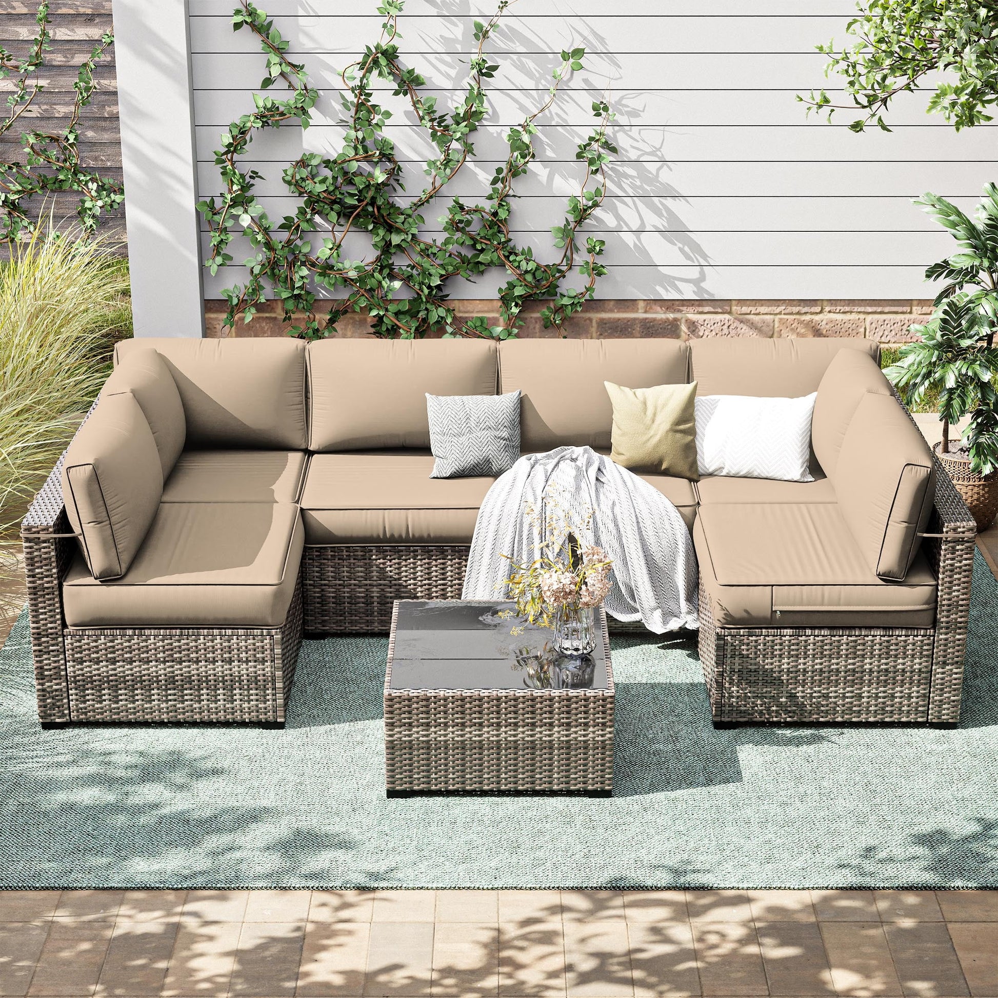 Snubbull 6-Seat Sectional Outdoor Patio Replacement Cushions Set, 25.5" x 25.5", 5" Foam High-Density, 14-Piece Water-Resistant Outdoor Cushion for Patio Conversation Sets, Liner& Cover, Sand