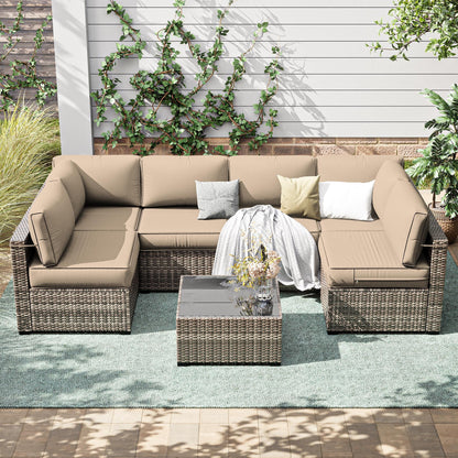 Snubbull 6-Seat Sectional Outdoor Patio Replacement Cushions Set, 25.5" x 25.5", 5" Foam High-Density, 14-Piece Water-Resistant Outdoor Cushion for Patio Conversation Sets, Liner& Cover, Sand