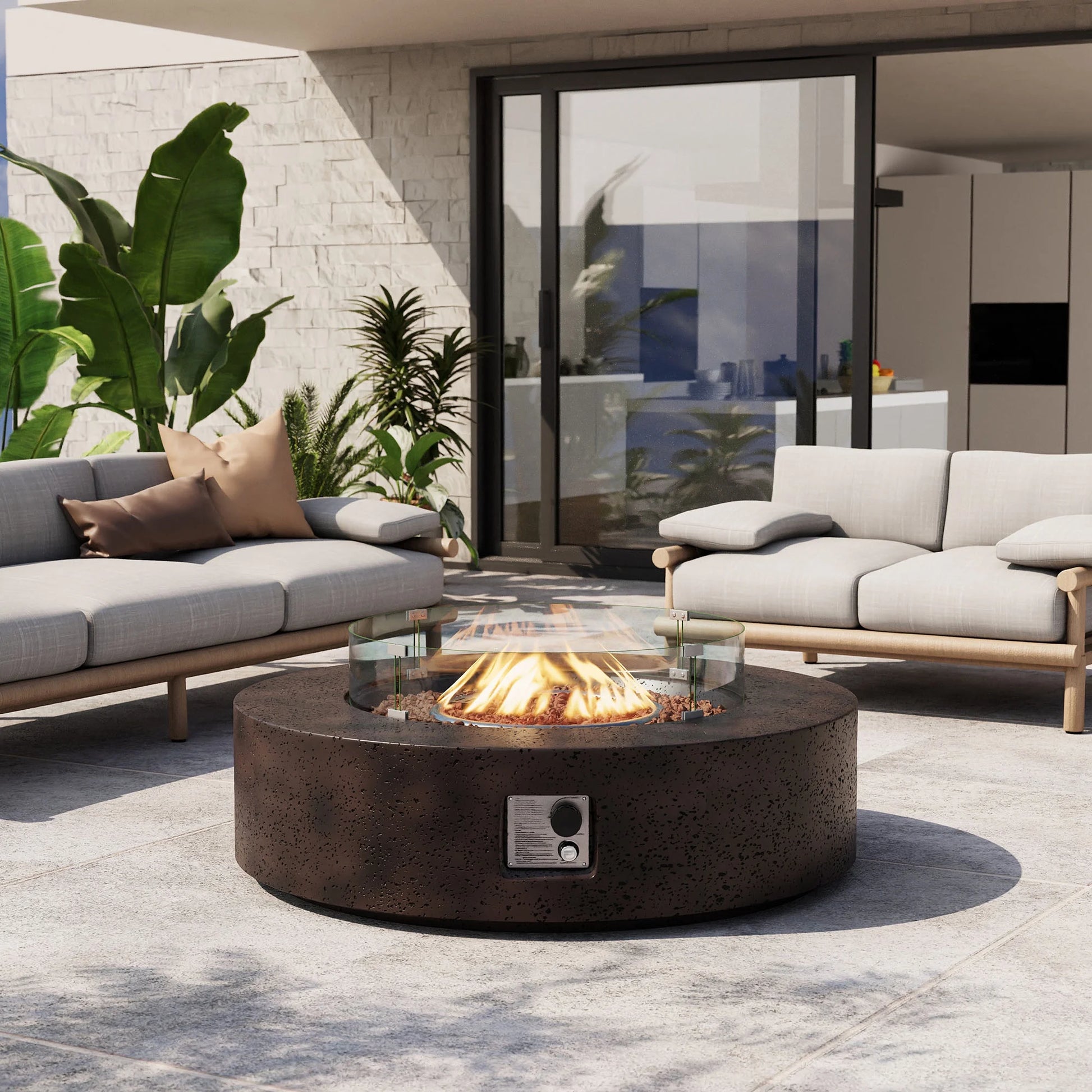 VENTOPYR 40.5-inch Outdoor Propane Fire Pit Coffee Table w Concrete Round Base Patio Heater, 50,000 BTU Stainless Steel Burner, Free Lava Rocks, Wind Guard, Rain Cover