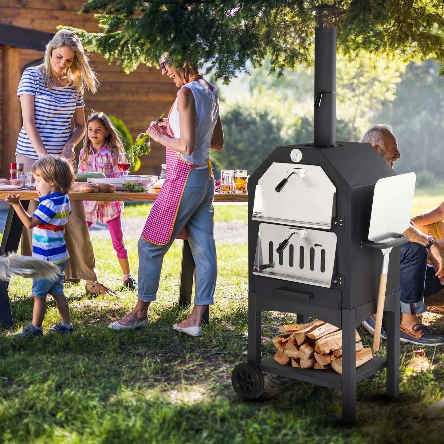 Ktaxon Outdoor Pizza Oven 14 Inch Wood Fired Pizza Oven Patio Pizza Maker w/Pizza Stone, Pizza Peel, Grill Rack