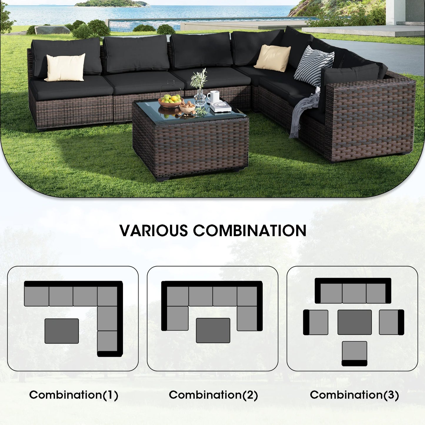 Grezone 7 Patio Outdoor Furniture Wicker Sectional Sofa Couch Lawn Sectional, Black