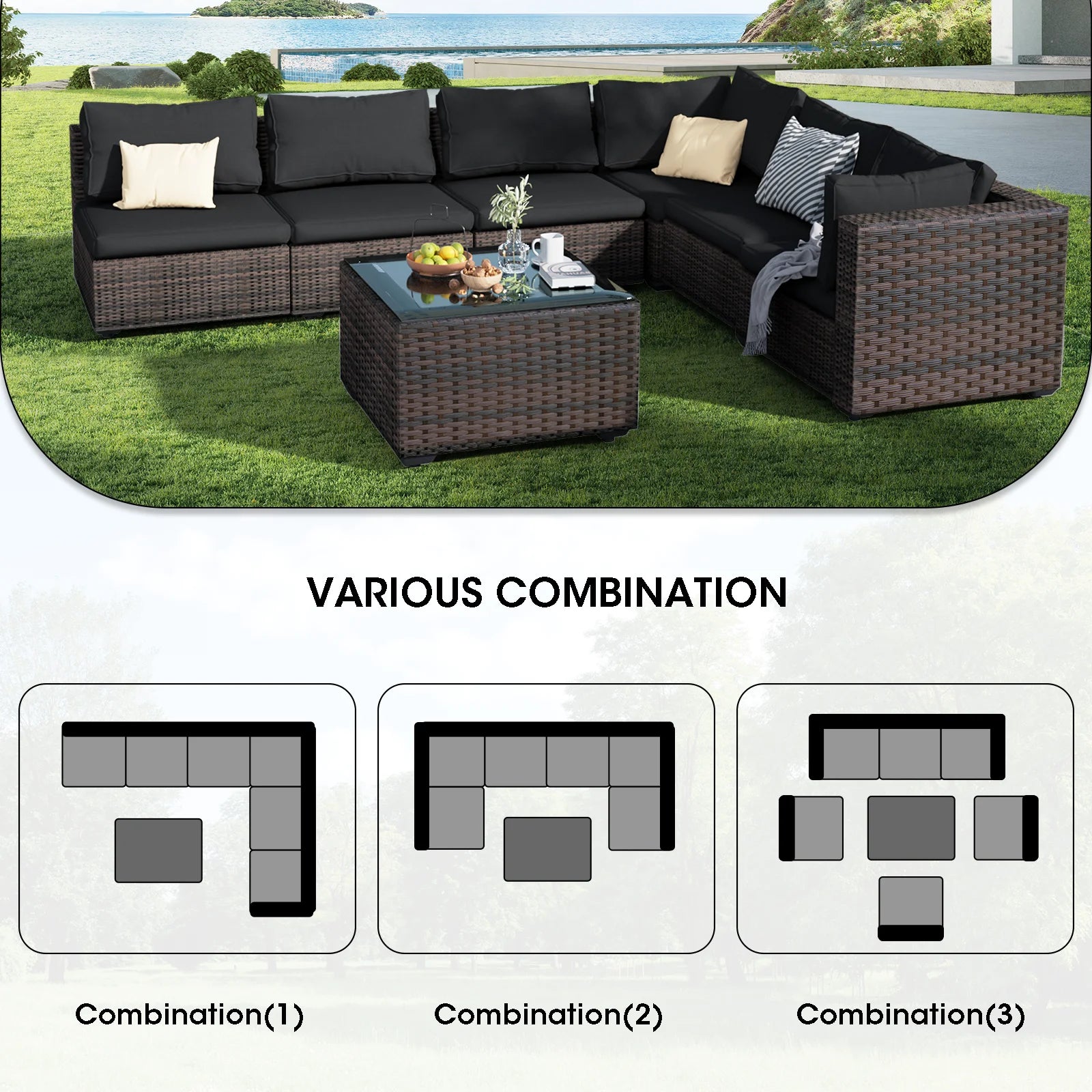 Grezone 7 Patio Outdoor Furniture Wicker Sectional Sofa Couch Lawn Sectional, Black