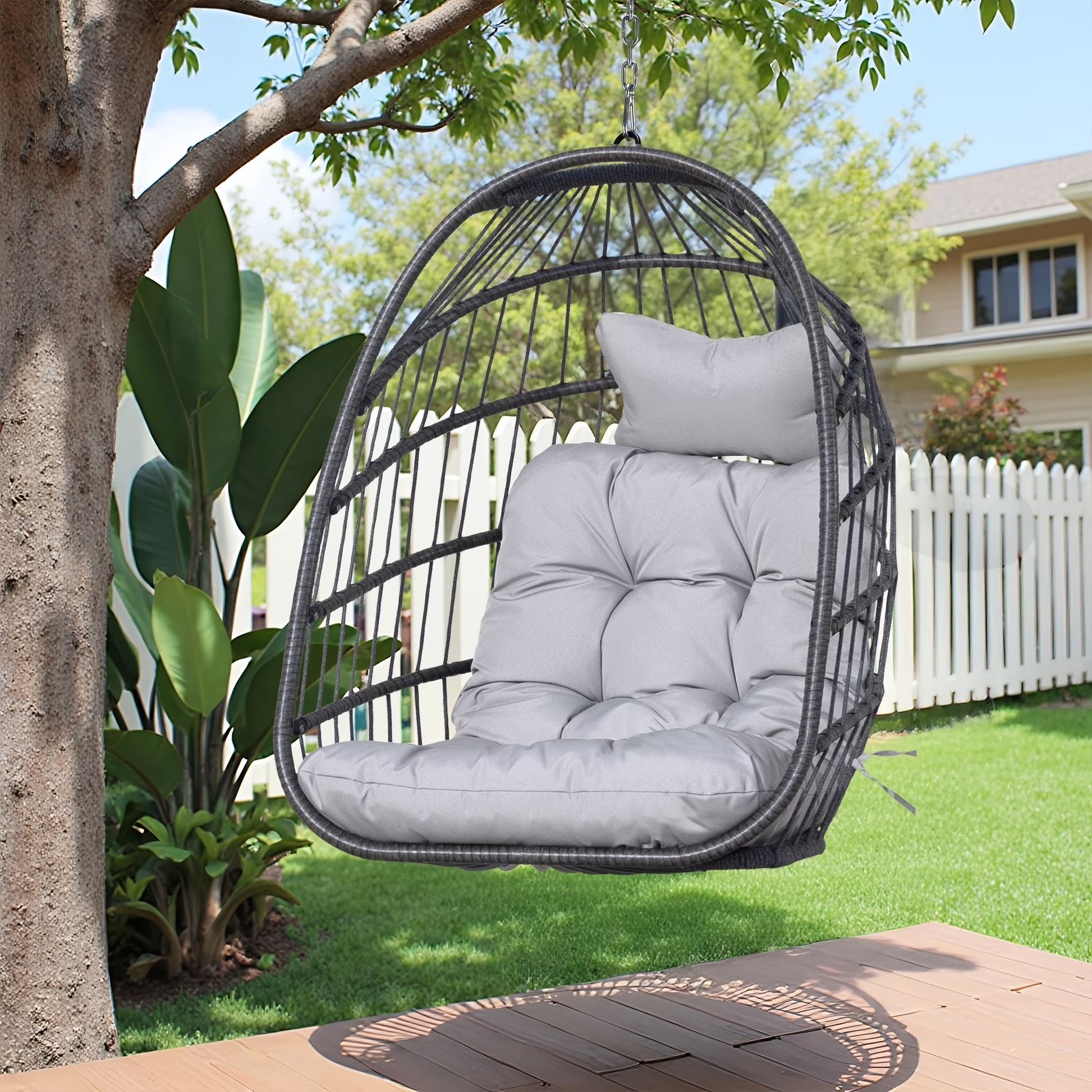 RADIATA Hanging Egg Chair Without Stand, Dark Gray Wicker Swing Egg Chair with Cushion, 350 lbs Capacity, Indoor Outdoor Ceiling or Tree Hanging Chair for Patio, Bedroom, Porch