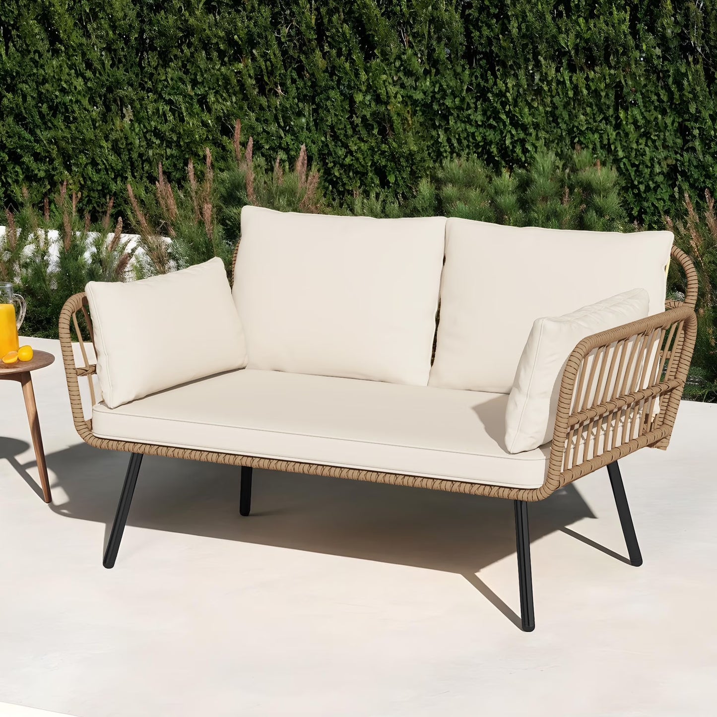 Uforic Outdoor Wicker Loveseat with Cushions and Rattan Side Table, All-Weather 2 Pieces Bistro Patio Conversation Furniture Set -Beige