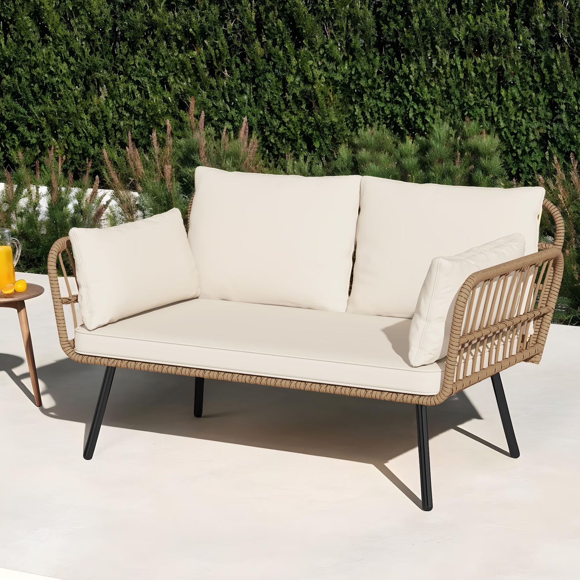 Uforic Outdoor Wicker Loveseat with Cushions and Rattan Side Table, All-Weather 2 Pieces Bistro Patio Conversation Furniture Set -Beige