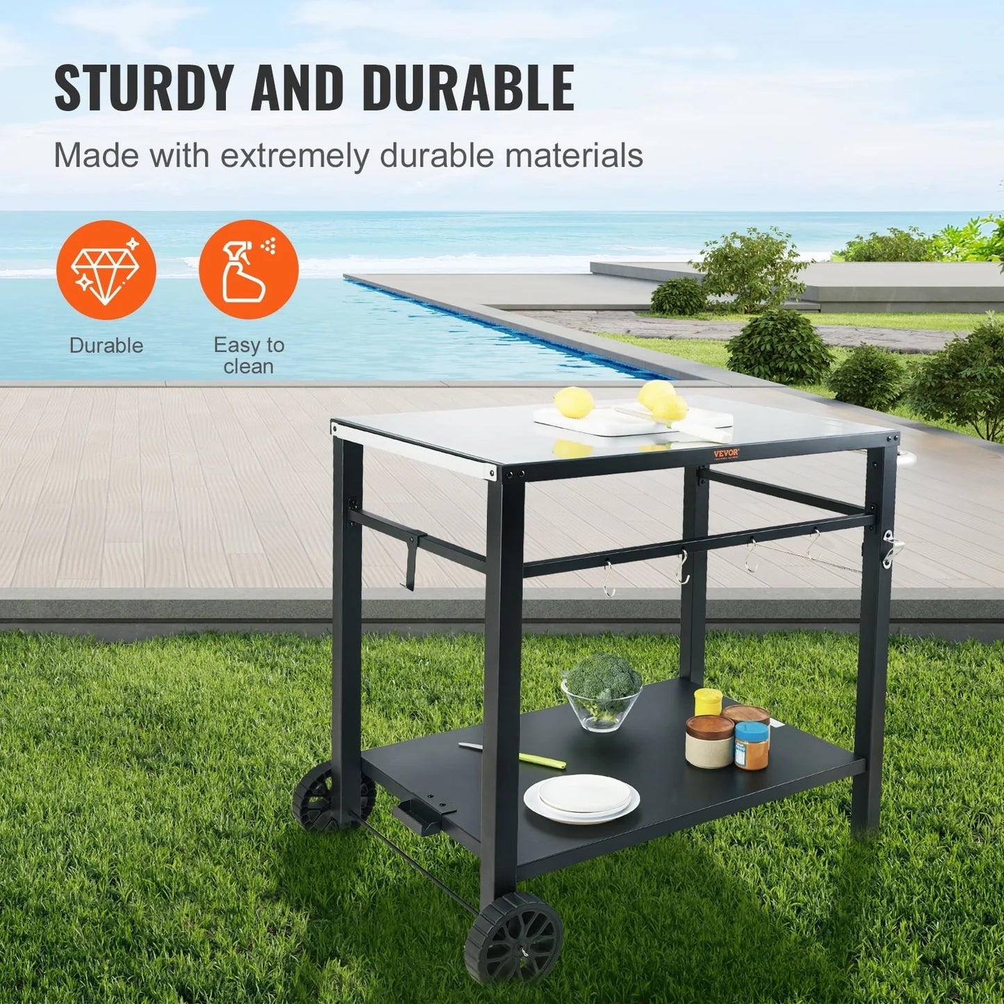 BENTISM Outdoor Grill Dining Cart Double-Shelf BBQ Movable Food Prep Trolley Patio
