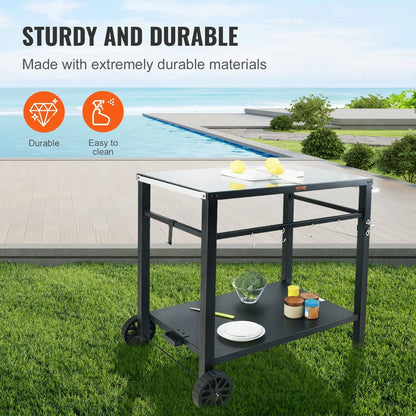 BENTISM Outdoor Grill Dining Cart Double-Shelf BBQ Movable Food Prep Trolley Patio