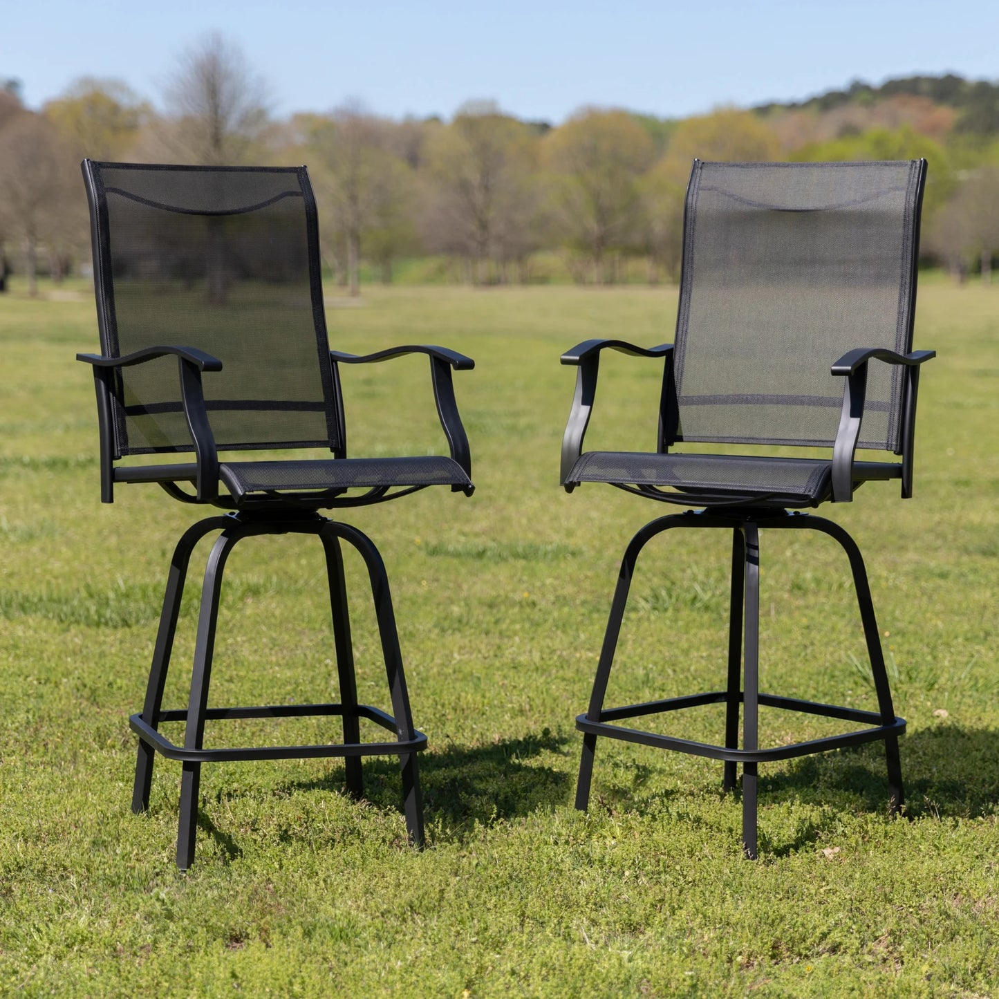 Flash Furniture Valerie Outdoor Sling Patio Barstools with Footrest and Arms, Set of 2, Black