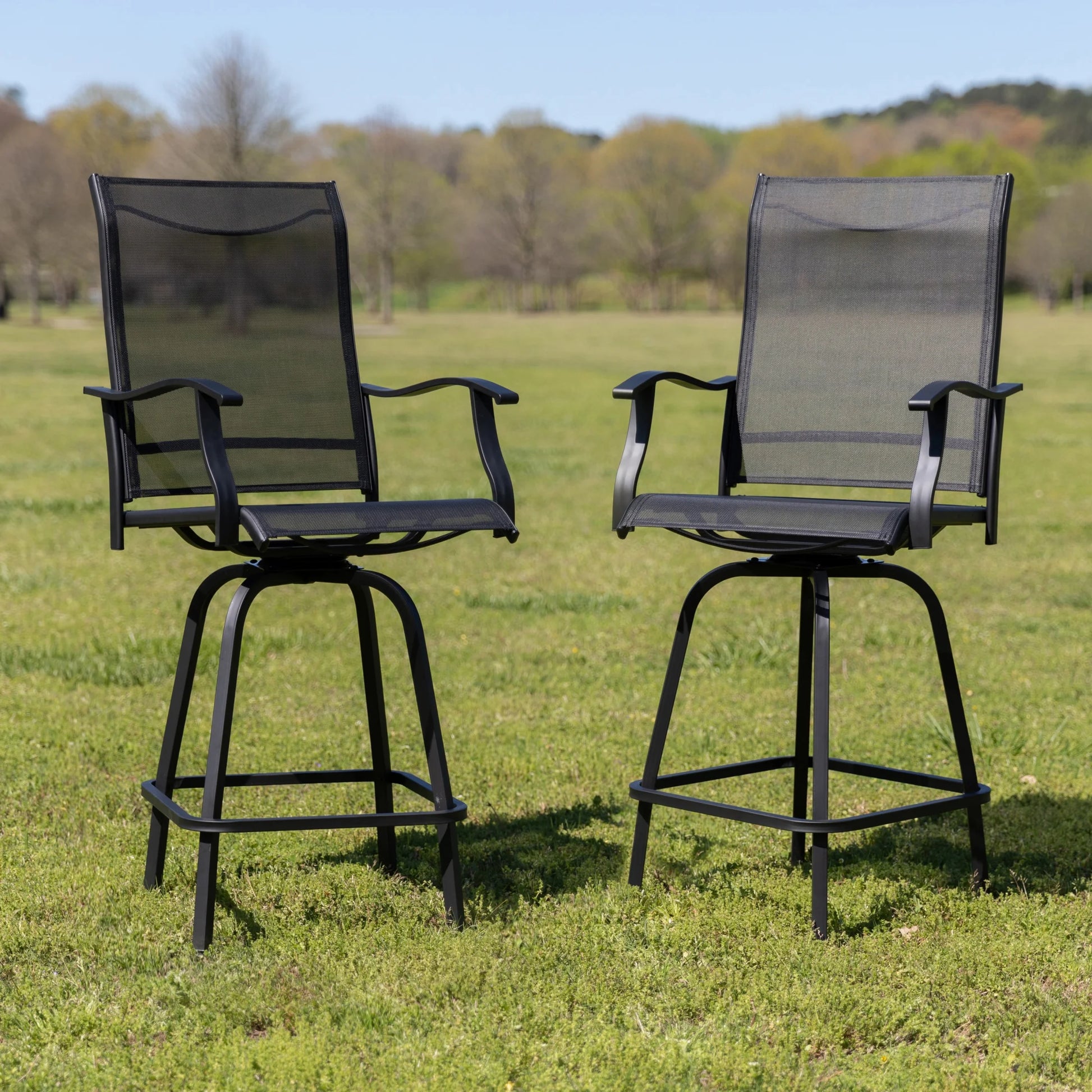 Flash Furniture Valerie Outdoor Sling Patio Barstools with Footrest and Arms, Set of 2, Black