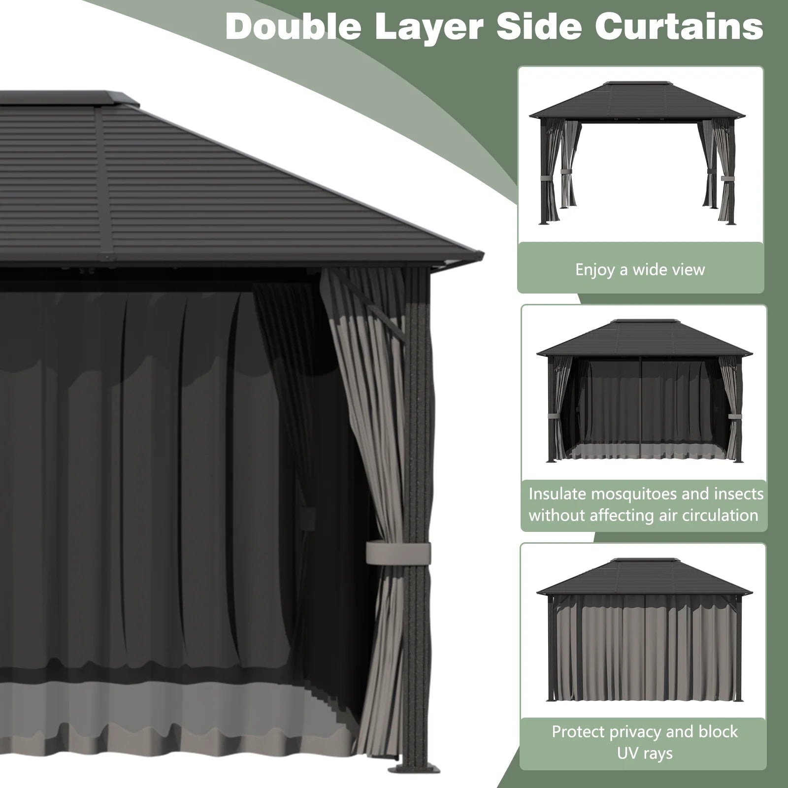 VEIKOUS 12'x10' Hardtop Gazebo, Outdoor Aluminum Gazebo Pergola w/Nettings and Curtains for Patio, Yard, Black