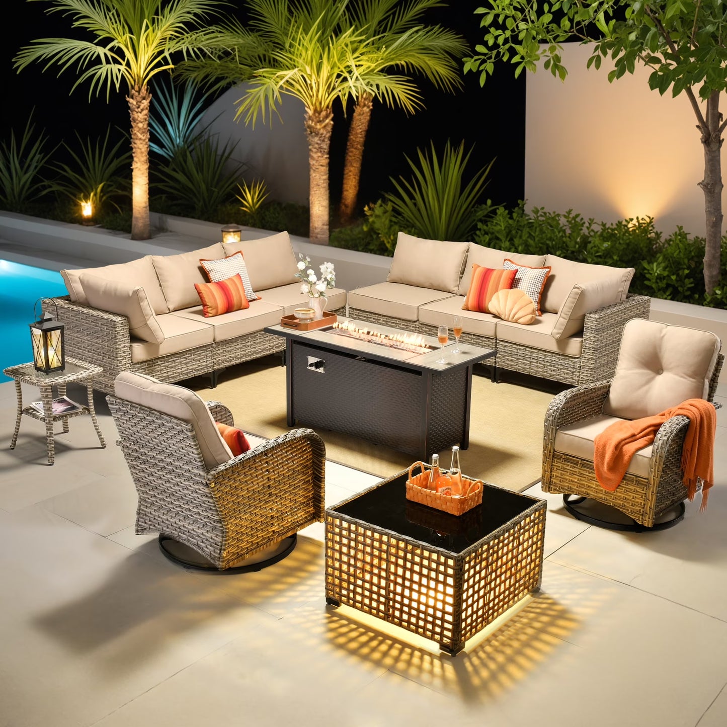 Ovios 11 Pieces Patio Outdoor Furniture Conversation Set with 54" Fire Pit Wicker Outdoor Sectional with Swivel Chair & Solar-Powered Table