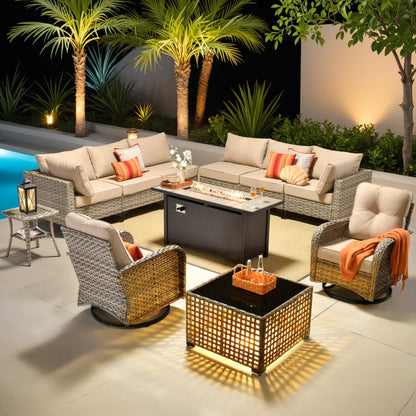 Ovios 11 Pieces Patio Outdoor Furniture Conversation Set with 54" Fire Pit Wicker Outdoor Sectional with Swivel Chair & Solar-Powered Table