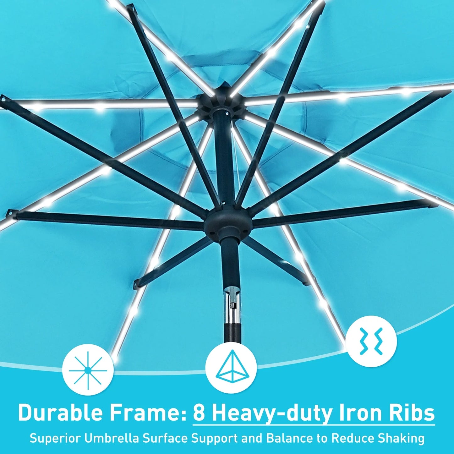 Autlaycil 10 FT Solar LED Lighted Patio Umbrella with LED Table Umbrella with 8 LED Strip Lights, Fade-resistant & Waterproof for Garden, Backyard, Poolside, Push Button Tilt (Blue)