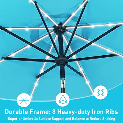 Autlaycil 10 FT Solar LED Lighted Patio Umbrella with LED Table Umbrella with 8 LED Strip Lights, Fade-resistant & Waterproof for Garden, Backyard, Poolside, Push Button Tilt (Blue)