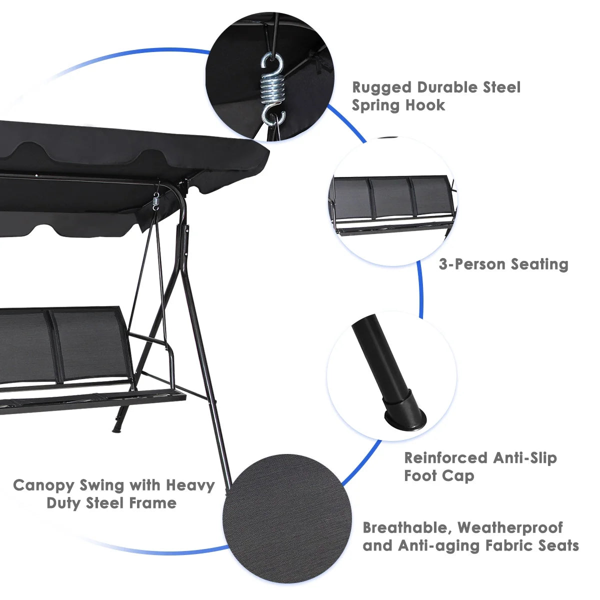 Costway Outdoor Patio Swing Canopy 3 Person Canopy Swing Chair Patio Hammock Black